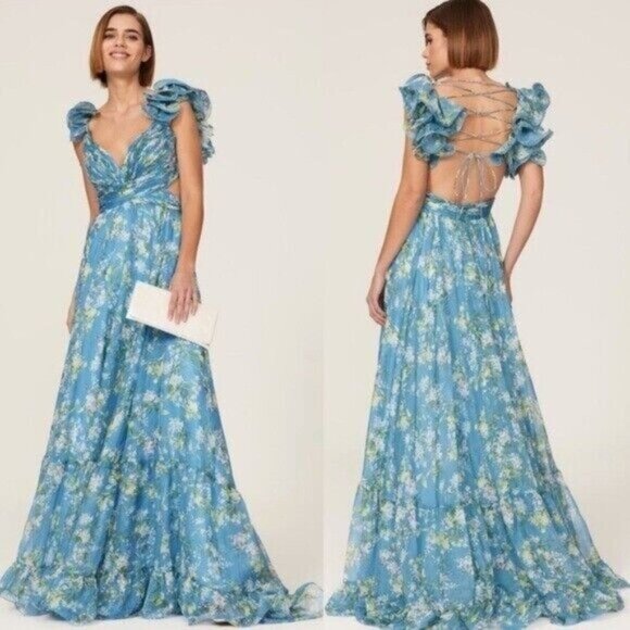 Mac Duggal Dresses & Skirts - Ieena Mac Duggal Ruffle Tiered Floral Cutout Chiffon Gown 10 Blue Lace Up